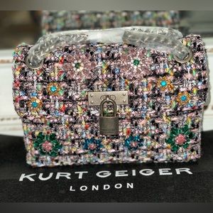 Kurt Geiger London Mini Flower Embellished Tweed Shoulder Bag